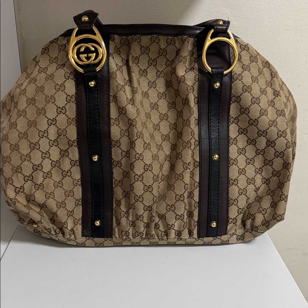 Gucci Tan and Brown Monogram Shoulder Bag